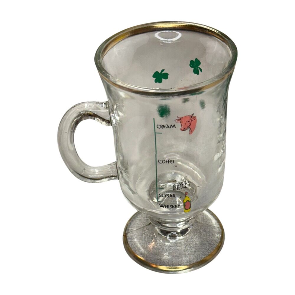 Vintage Irish Coffee Mug Clear Glass Clover Gold Rim with Handle Stem Drinkware - Picture 3 of 5